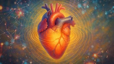 Illustration du cœur vibrant avec le champ quantique, symbolisant l’intelligence du cœur.
